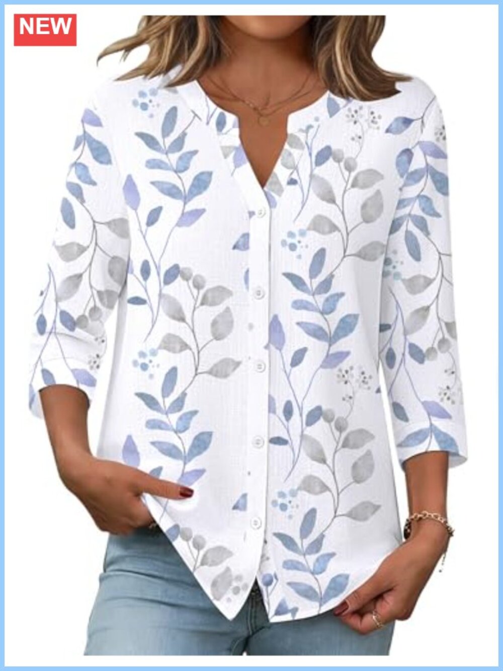 Women's 3/4 Sleeve Button Down Linen Cotton Top Work Blouse